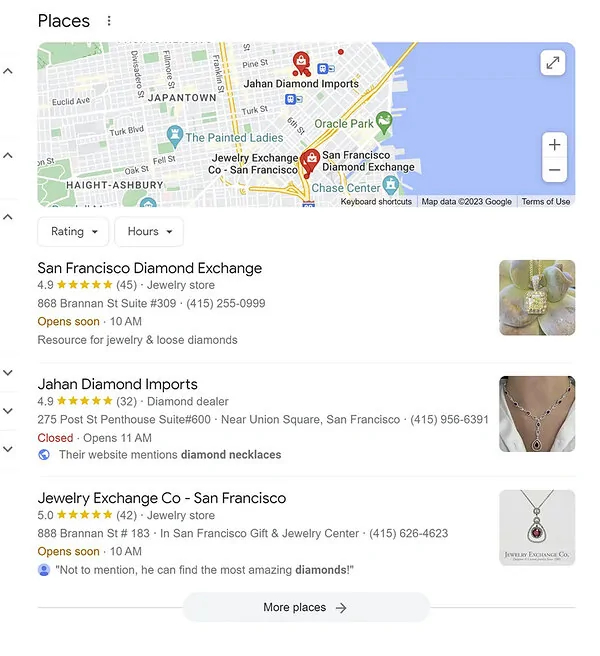 同じサンフランシスコに絞った検索でも、「婚約指輪」と「ダイヤモンド ネックレス」では、表示される画像が変わる