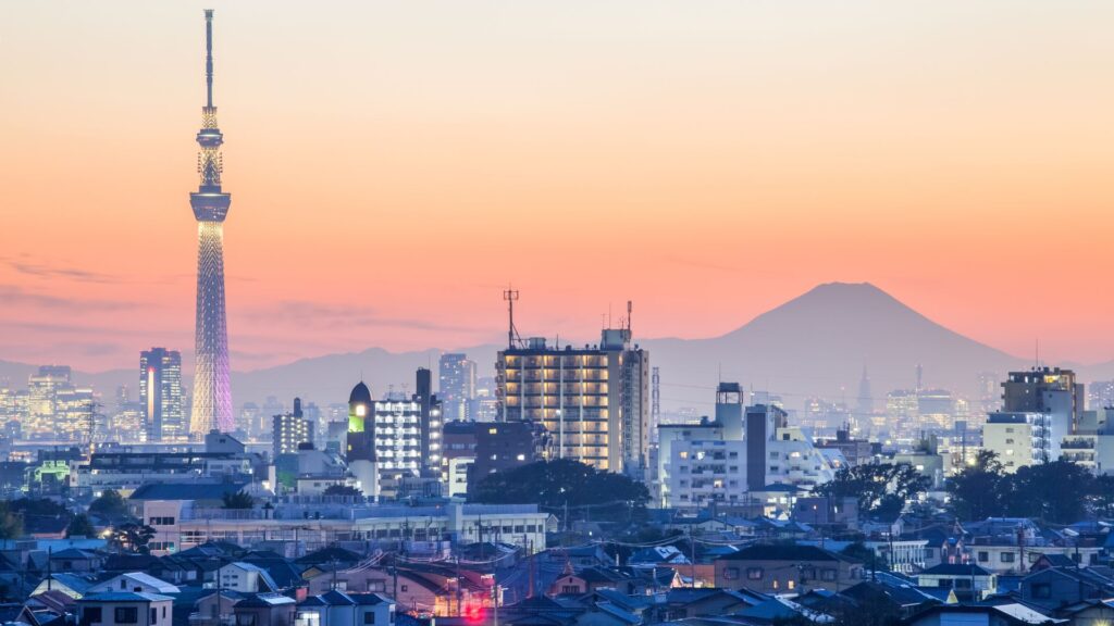 東京スカイツリーと富士山の風景